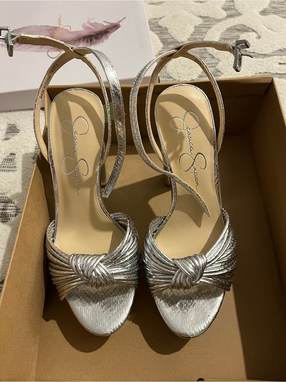 Jessica Simpson Metallic Silver Knotted Ankle-Strap Heels
